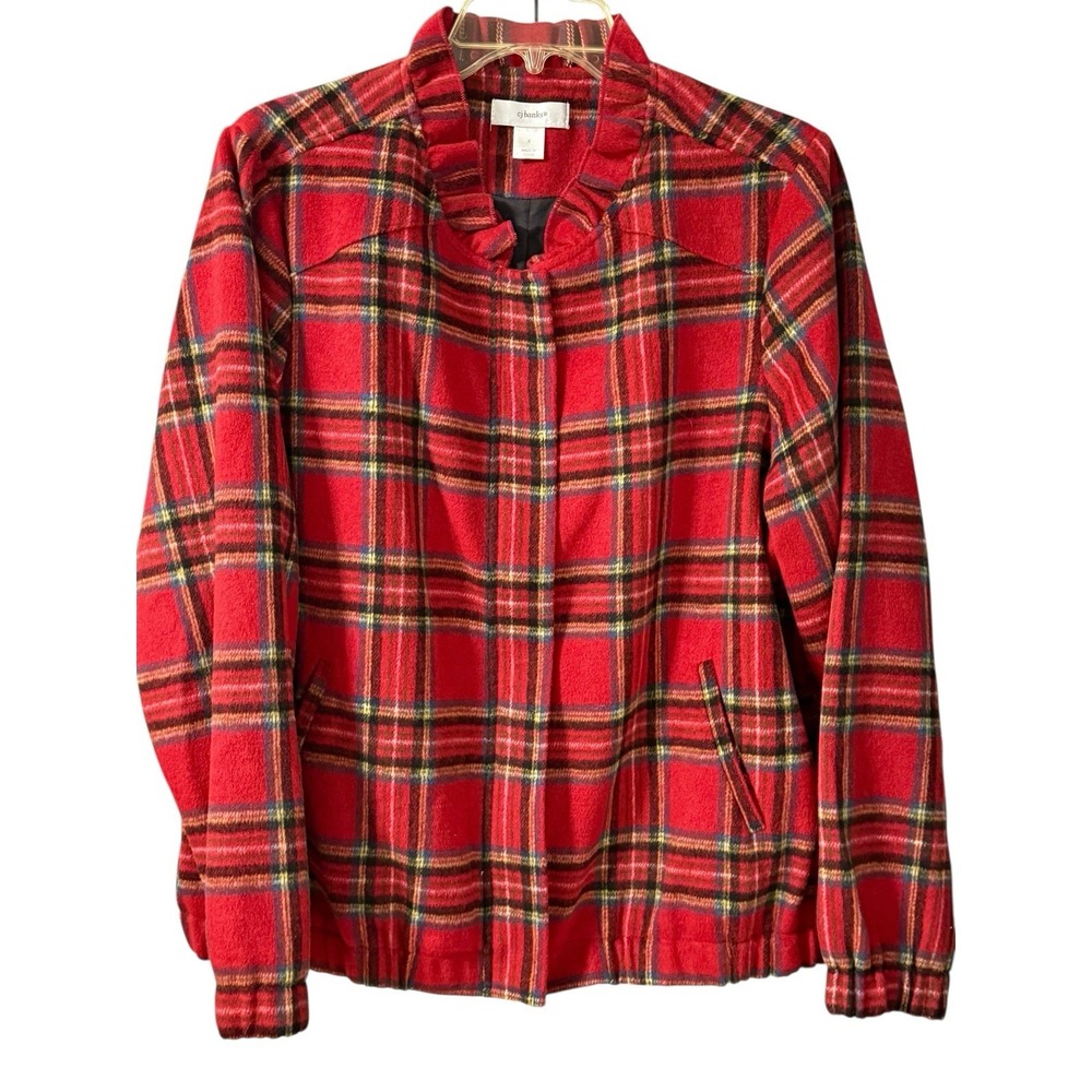 CJ‎ Banks Red Tartan Plaid Preppy Bomber Jacket  Ruffle Collar Wool Blend SZ X